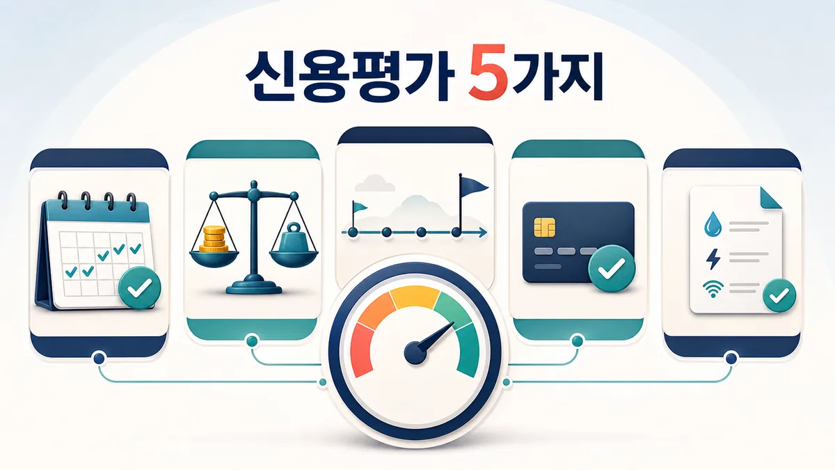 상환이력·부채수준·거래기간·카드 이용·비금융정보가 신용점수에 연결되는 다섯 가지 평가영역