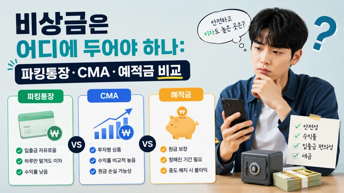비상금을 어디에 둘지 비교한 그래픽. 파킹통장은 입출금이 자유롭고 하루만 맡겨도 이자가 붙지만 수익률이 낮고, CMA는 투자형 상품이라 수익률이 비교적 높은 대신 원금 손실 가능성이 있으며, 예적금은 원금이 보장되지만 정해진 기간을 채워야 하고 중도 해지 시 불이익이 있다는 내용을 세 장의 카드로 나란히 보여준다. 오른쪽에는 안전성, 수익률, 입출금 편의성, 세금을 확인 항목으로 정리해 두었다.