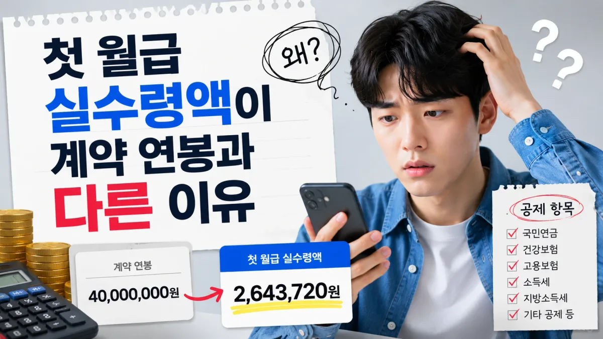 계약 연봉 4,000만원과 첫 월급 실수령액 2,643,720원을 비교해 보여주는 그래픽. 옆에 국민연금·건강보험·고용보험·소득세·지방소득세 공제 항목 목록이 적혀 있다.