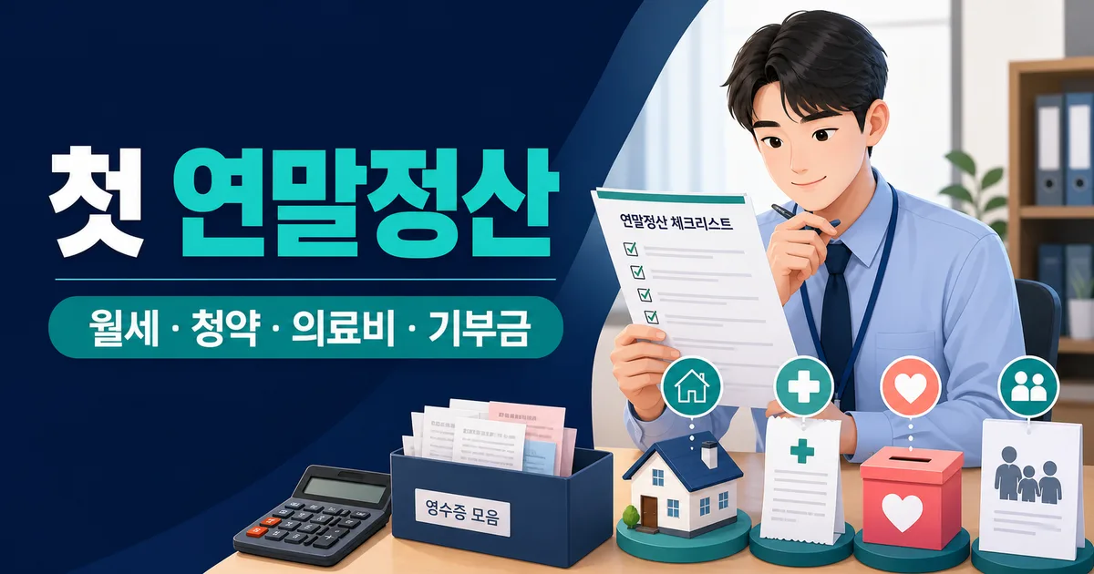 첫 연말정산 체크리스트를 확인하는 사회초년생과 월세·청약·의료비·기부금 공제 항목