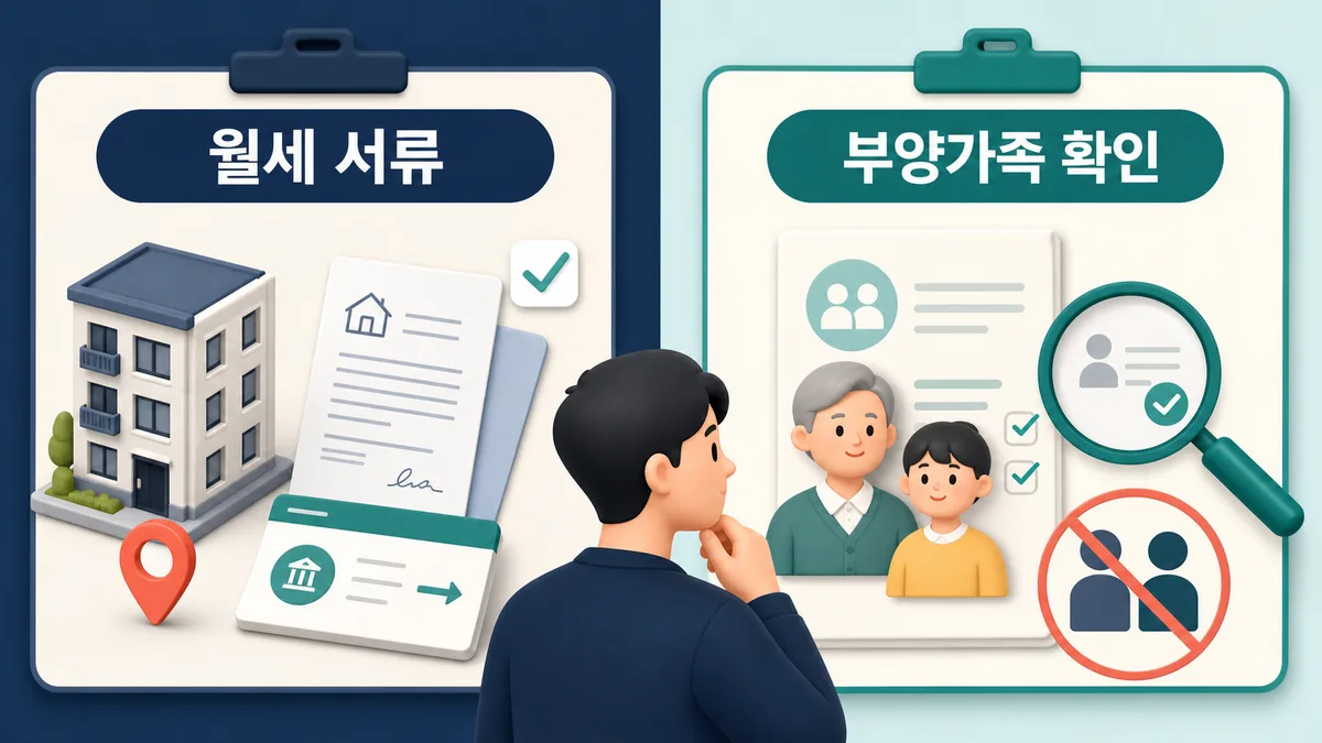 사회초년생이 월세 증빙서류와 부양가족 소득 및 중복공제 여부를 확인하는 모습