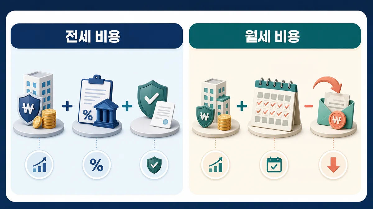 전세의 자기자금 기회비용·대출이자·보증료와 월세의 보증금 기회비용·연간 월세·세액공제를 비교한 그림
