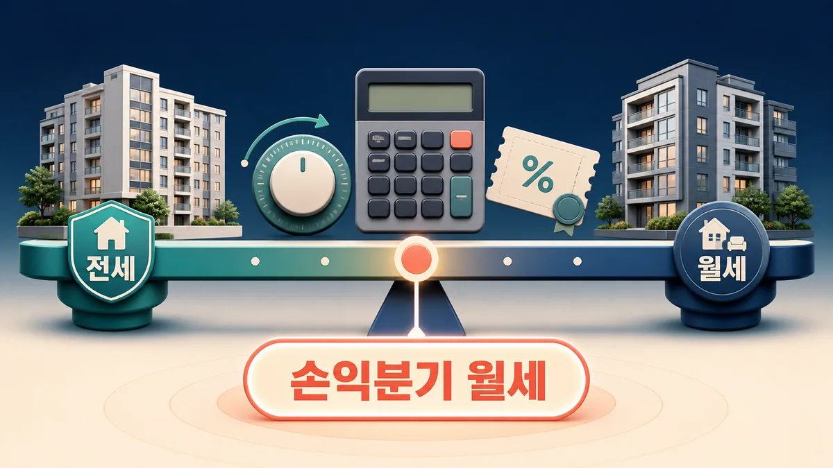 금리와 월세 세액공제 조건을 바꾸며 전세와 월세의 손익분기 월세를 계산하는 저울과 계산기