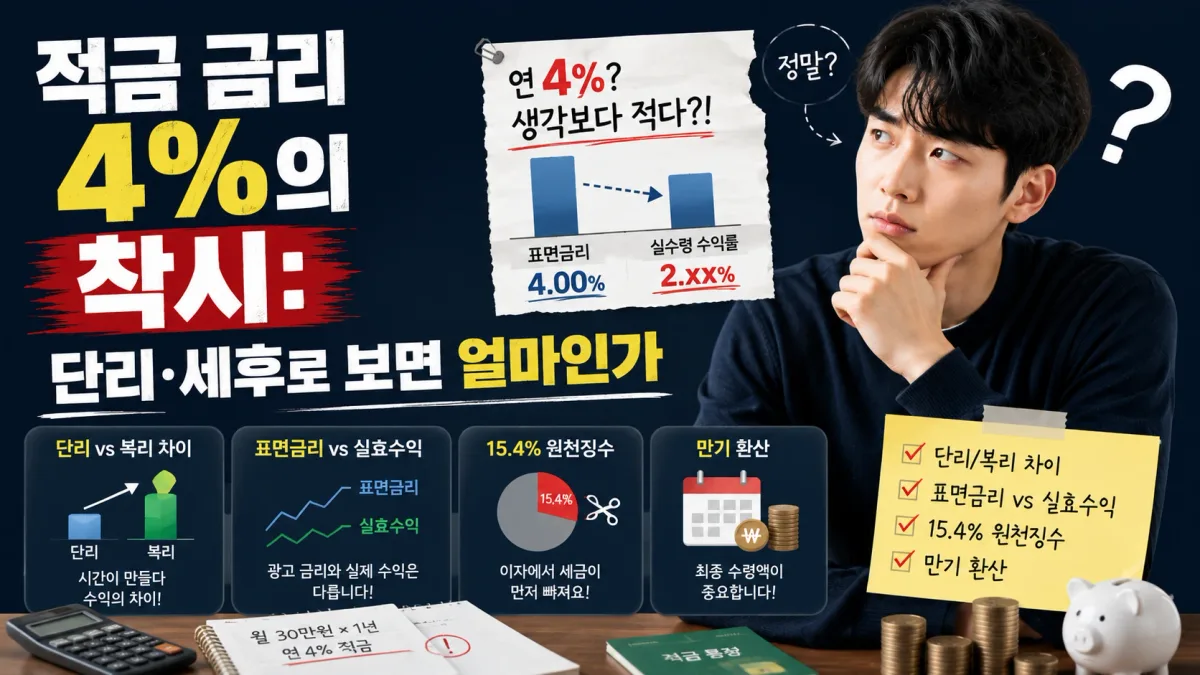 적금 금리의 착시를 설명한 그래픽. 월 30만원씩 1년간 연 4% 적금을 넣었을 때 표면금리는 4.00%지만 실수령 수익률은 2%대로 떨어진다는 막대 비교와 함께, 단리와 복리의 차이, 표면금리와 실효수익의 차이, 이자에서 먼저 빠지는 15.4% 원천징수, 만기 환산이라는 네 가지 확인 항목을 카드로 정리해 두었다.