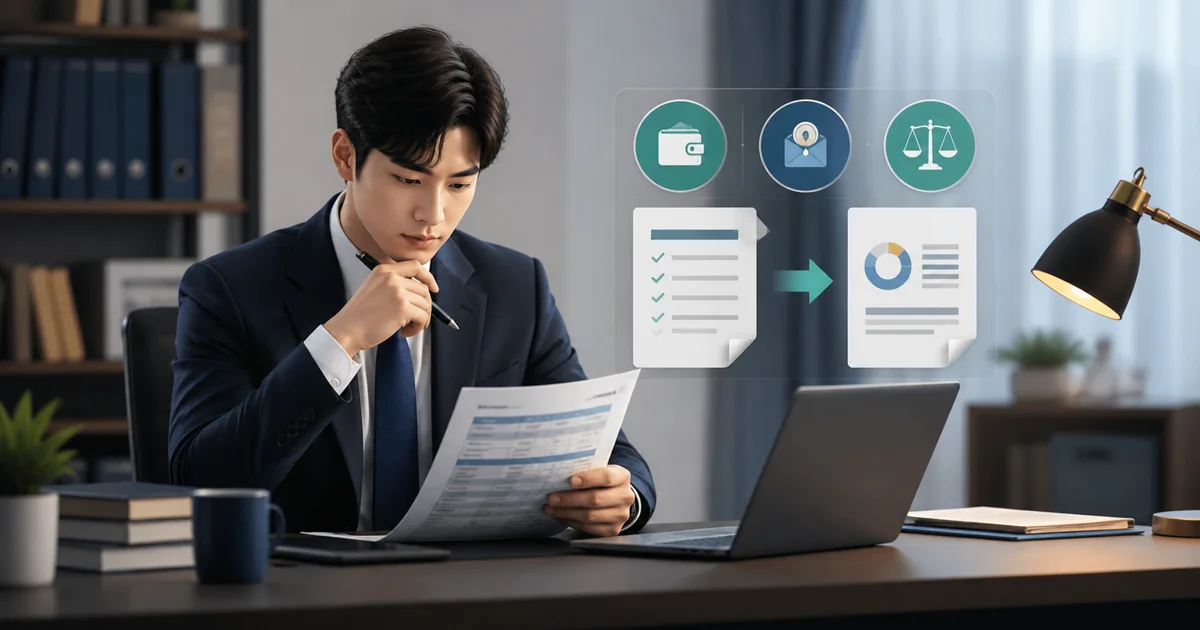 공무원이 급여명세서와 수당 규정을 확인하는 모습