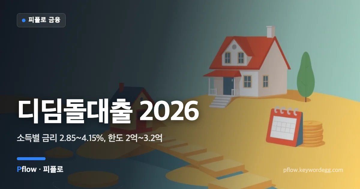 징검다리 위의 작은 집과 동전 더미로 정책 주택구입자금 대출을 표현한 일러스트