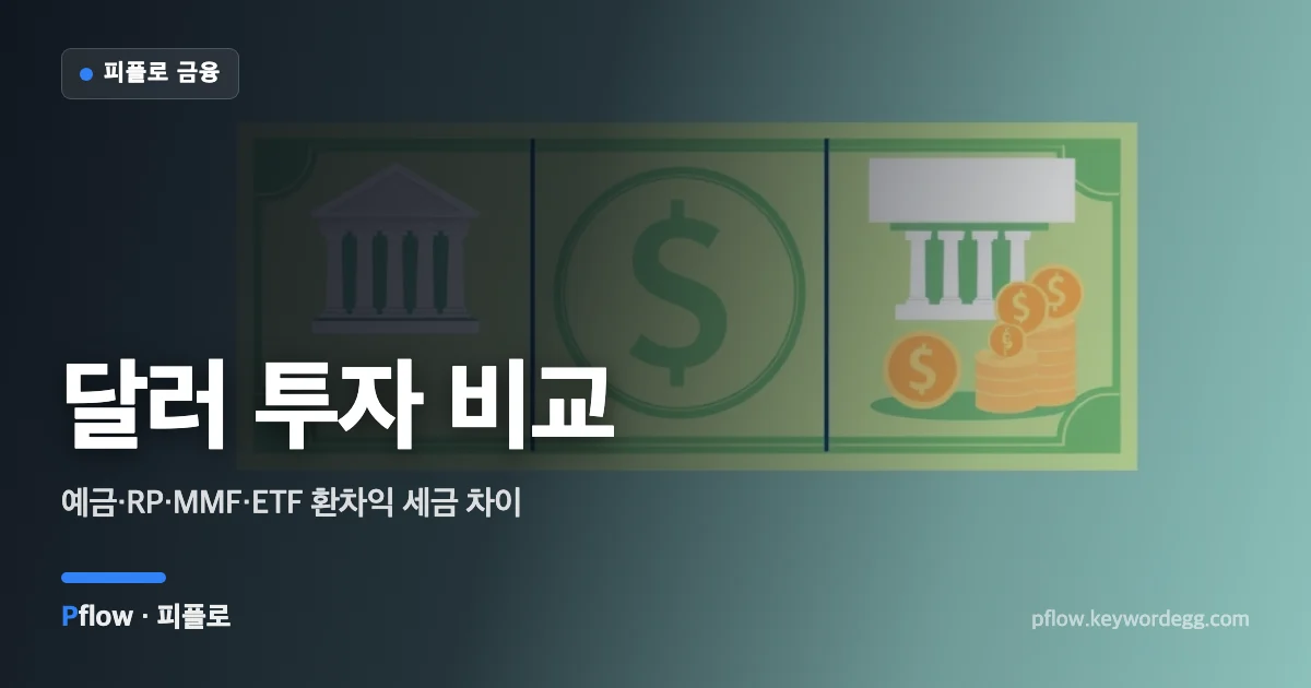 달러 지폐를 다섯 칸으로 나눠 예금, 채권, 펀드, ETF에 담은 달러 투자 방법 비교 일러스트