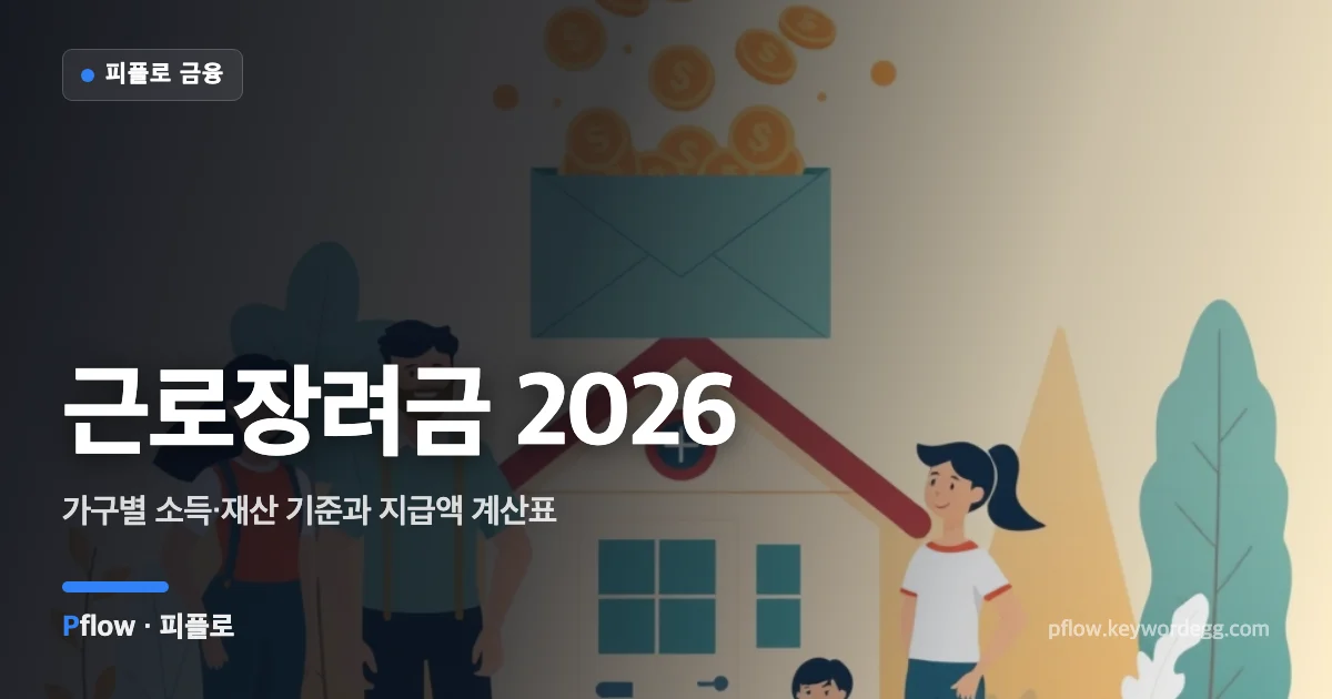 근로장려금을 받는 가구와 지원금 봉투, 달력을 표현한 일러스트