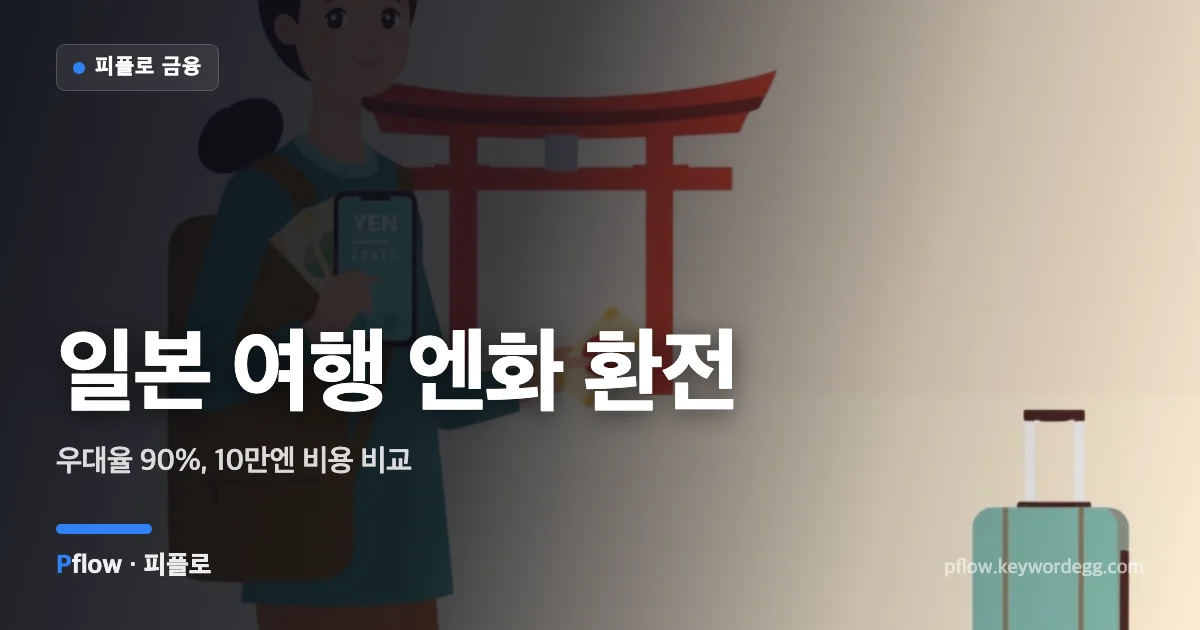 엔화 지폐와 환전 앱 화면, 여행 가방을 함께 그린 일본 여행 환전 일러스트