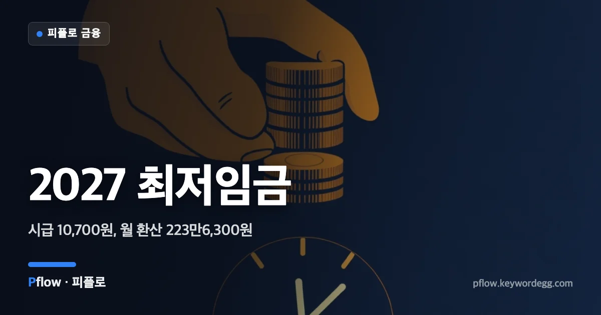 새해 달력 옆에 동전과 시계, 월급 봉투가 놓인 2027년 최저임금 일러스트
