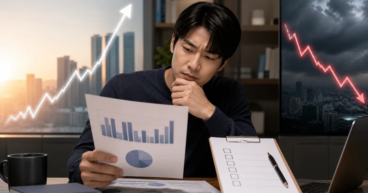 투자자가 국민성장펀드의 장점과 위험을 저울질하는 모습