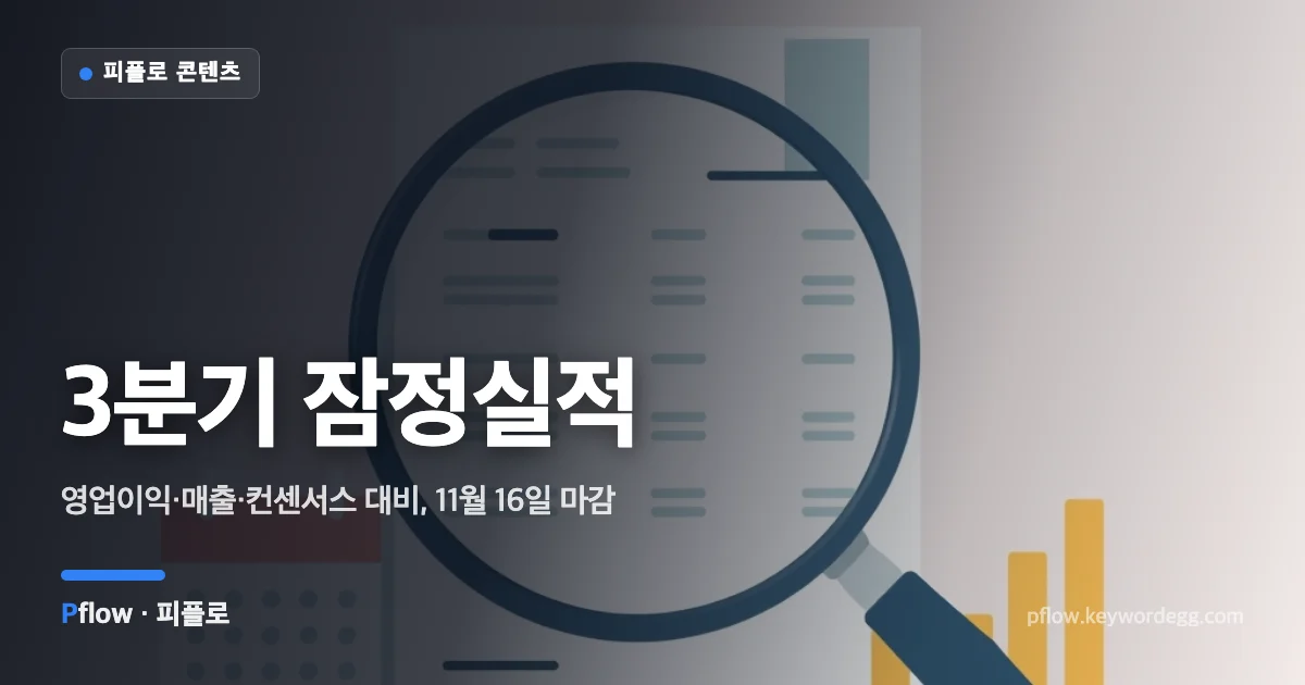 재무제표의 세 줄을 돋보기로 강조하고 달력과 막대그래프를 곁들여 3분기 잠정실적 확인법을 표현한 일러스트