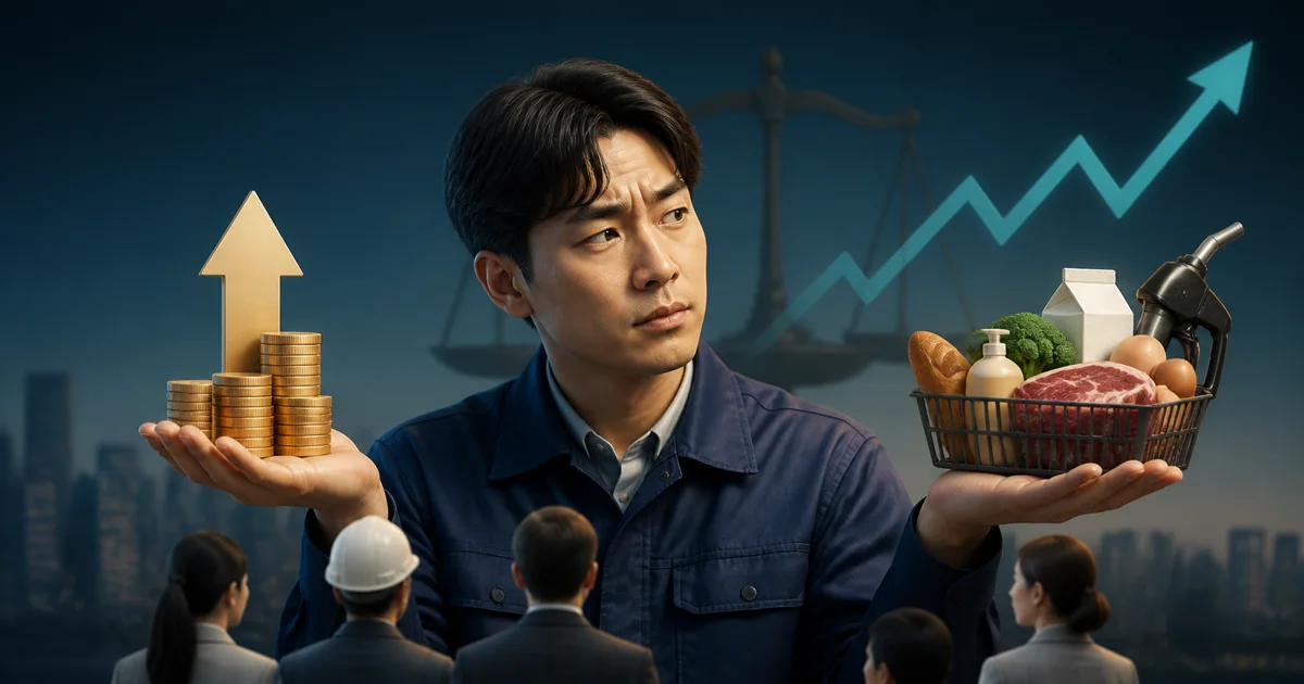 명목임금과 생활물가를 비교하는 근로자