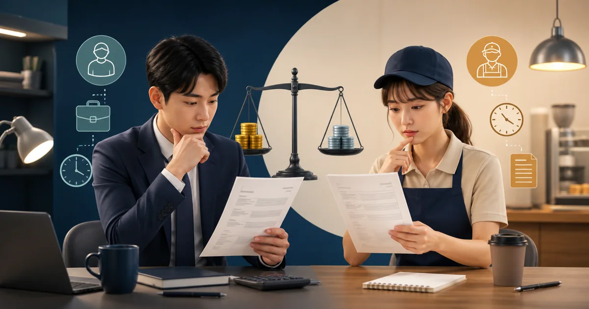 사무직과 시간제 근로자의 급여명세서를 비교하는 모습